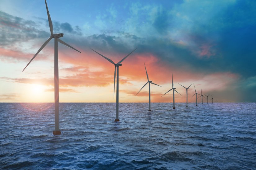 a wide shot of a row of windmills at sea