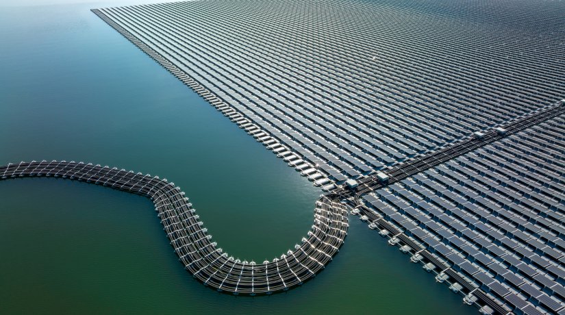 an aerial picture of a floatovoltaics farm at sea